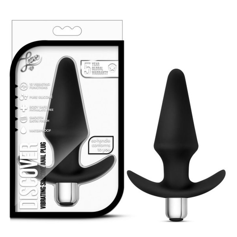 Luxe Discover vibrating anal plug with removable bullet in packaging, showcasing the sleek design and features.