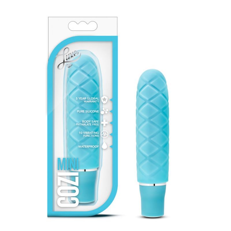 Luxe Cozi Mini Aqua, a mini silicone vibrator, featuring 10 vibrating functions and waterproof design for versatile play.