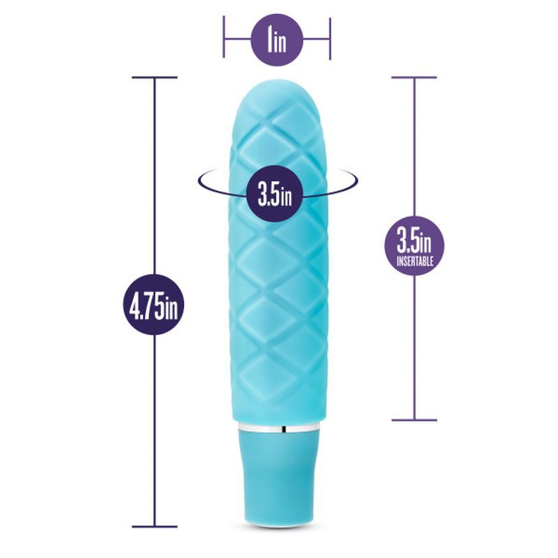 Mini silicone vibrator in aqua color with measurements for travel-friendly use and easy cleaning.