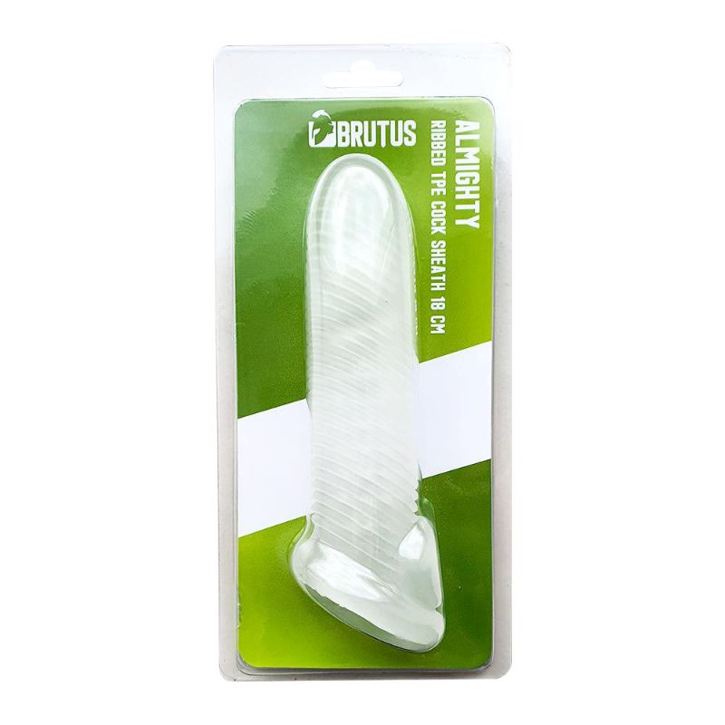 Almighty Ribbed Cocksheath 18cm, ribbed cocksheath for enhanced pleasure from Brutus, premium TPE material.