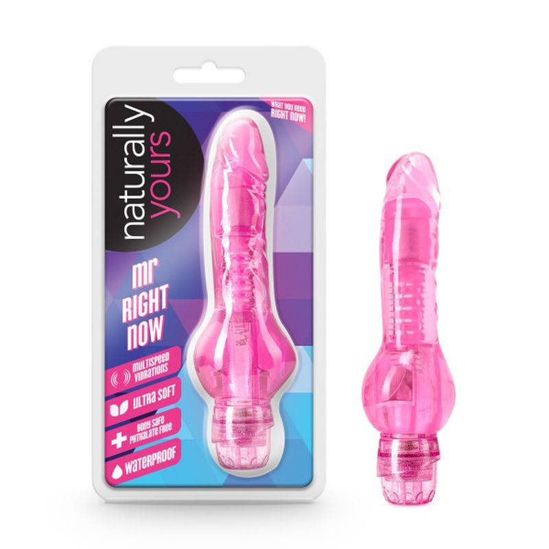 Naturally Yours Mr. Right Now pink waterproof multispeed vibrator in packaging, showcasing its design and features.