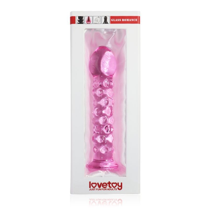 Pink glass dildo in luxury packaging, part of the Glass Romance collection, 7 inches long.