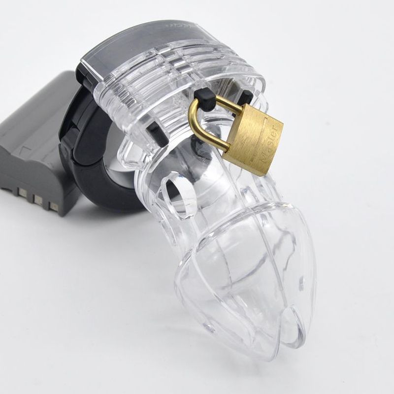 Brutus Alpha Chastity Cage Clear, adjustable male chastity cage with metallic lock for secure confinement.