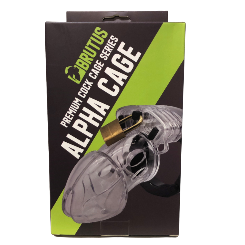 Brutus Alpha Chastity Cage packaging, featuring adjustable male chastity cage design and secure lock.