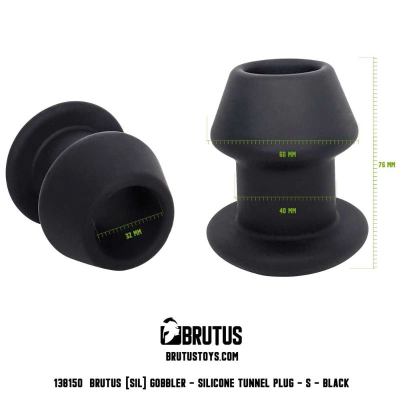 Brutus Gobbler Silicone Tunnel Plug S - black silicone anal toy with measurements for intimate play.