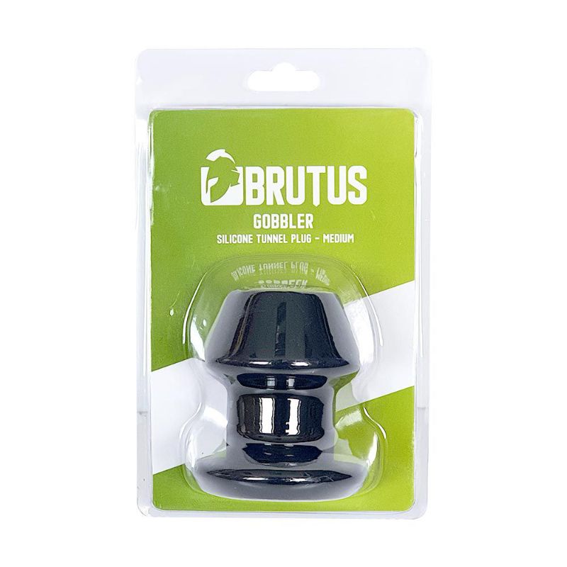 Brutus Gobbler Silicone Tunnel Plug M in packaging for anal play, perfect for intimate essentials.