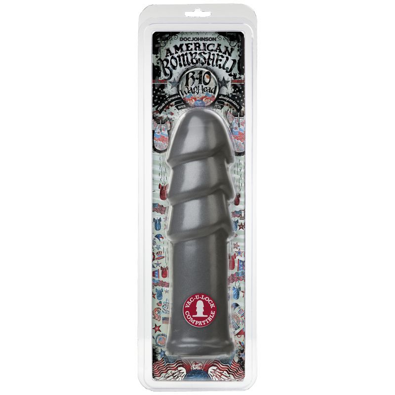 B-10 Warhead 10 inch anal dildo in gun metal packaging with triple rippled head for stimulation.
