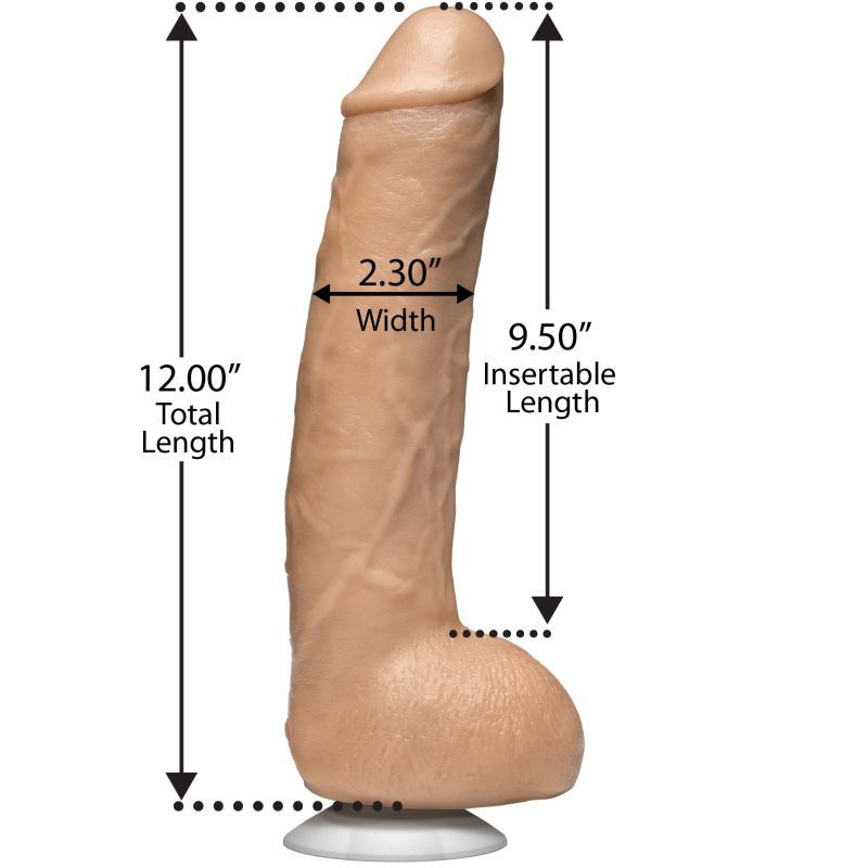 John Holmes realistic dildo with measurements showing 12 inches total length, 9.5 inches insertable length, and 2.3 inches width.