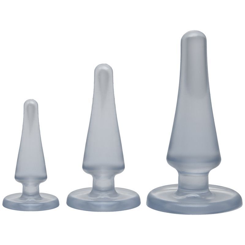 Crystal Jellies Anal Initiation Kit for beginners featuring three smooth anal plugs in varying sizes.