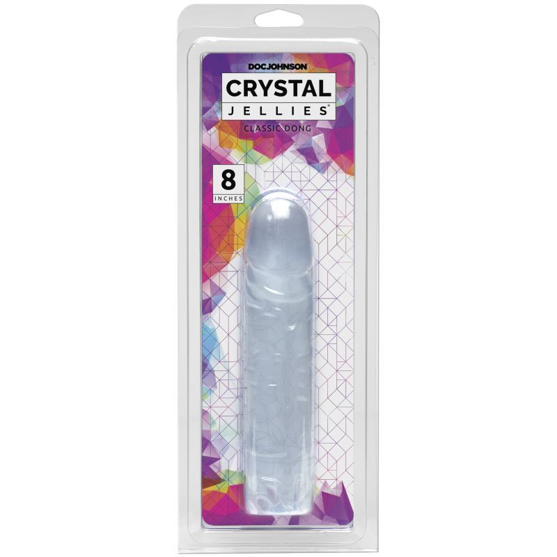 8 inch crystal jellies dong in packaging, showcasing soft and flexible design with a glossy finish.