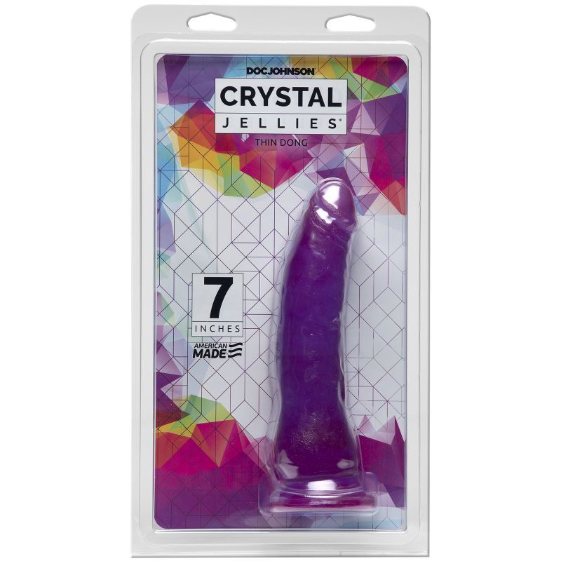 7 inch thin dong in purple packaging showcasing realistic design and suction cup base for hands-free fun.