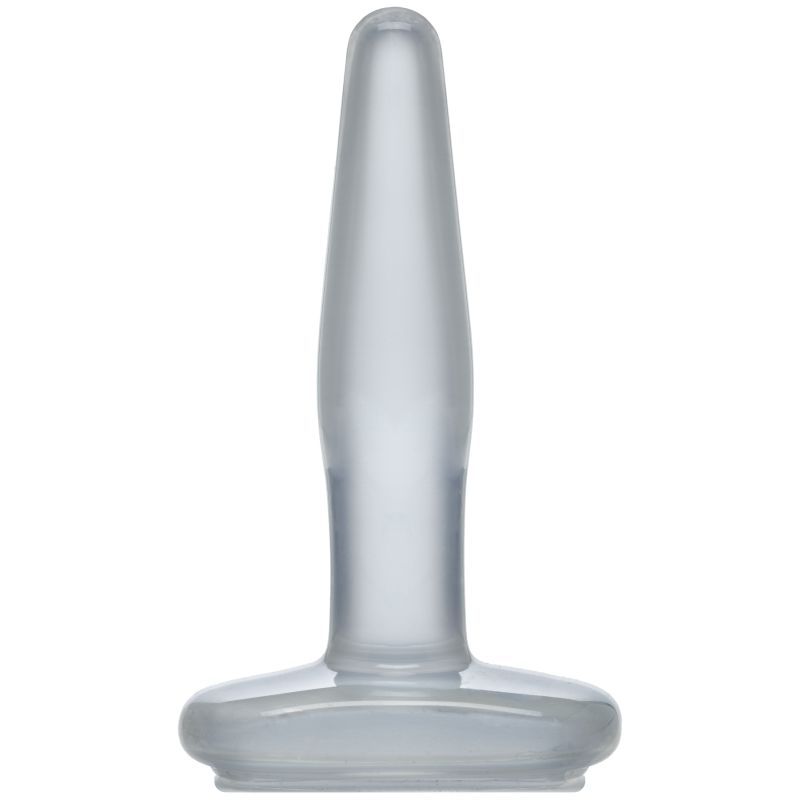 Small clear butt plug with tapered tip and flared base for beginners, made from body-safe materials.