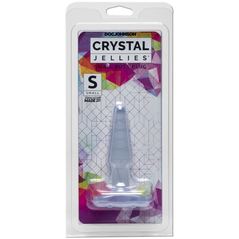 Small clear butt plug packaged with bold colors showcasing Doc Johnson's Crystal Jellies line.