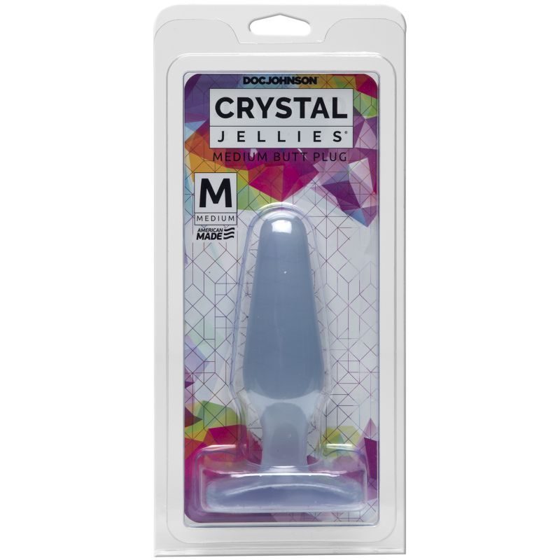 Doc Johnson's Crystal Jellies Medium Butt Plug in clear packaging with tapered tip and flared base.