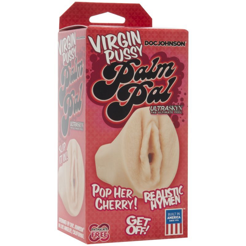 Palm Pal Ultraskyn Virgin Pussy sex toy packaging featuring realistic virgin sex toy and pop her cherry slogan.