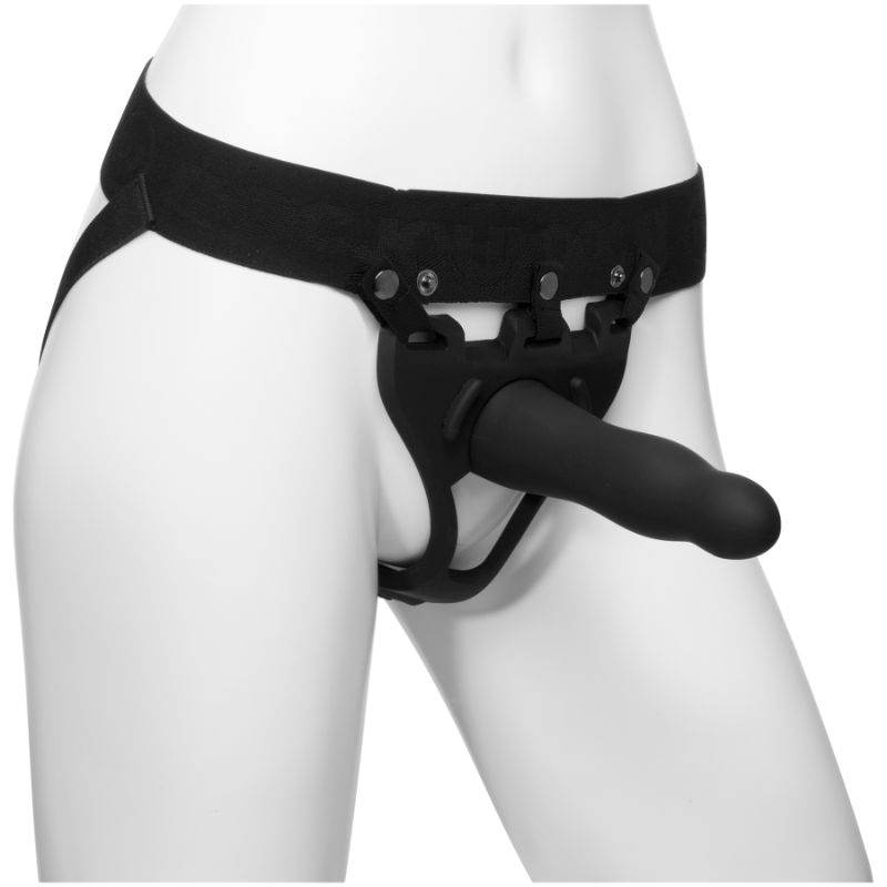 Be Daring 7in Bulbed Dong 2 Pc Hollow Silicone Strap-On Set displayed on a harness mannequin.