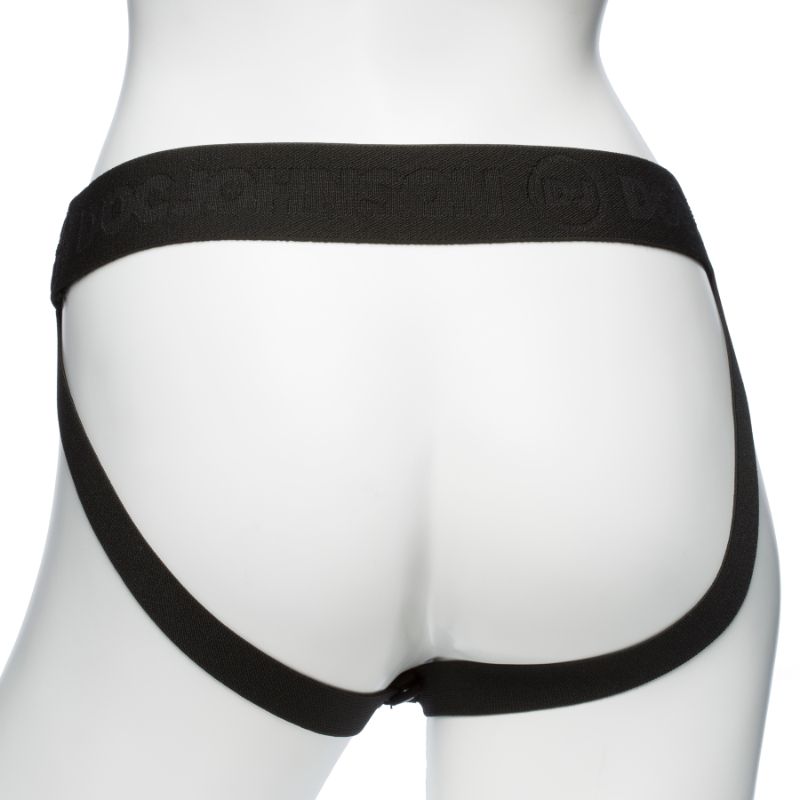 Be Daring 7in Bulbed Dong 2 Pc Hollow Silicone Strap-On Set harness back view on a mannequin.