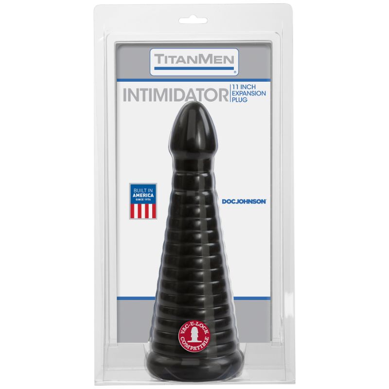 Intimidator Black anal pleasure dildo by TitanMen in packaging, designed for anal play and satisfaction.