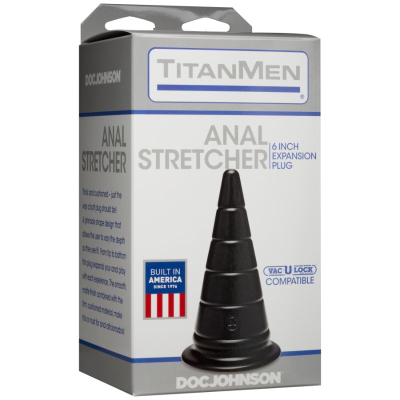 Anal Stretcher 6in Expansion Plug Black packaging with features like cone shape and Vac U Lock compatibility.