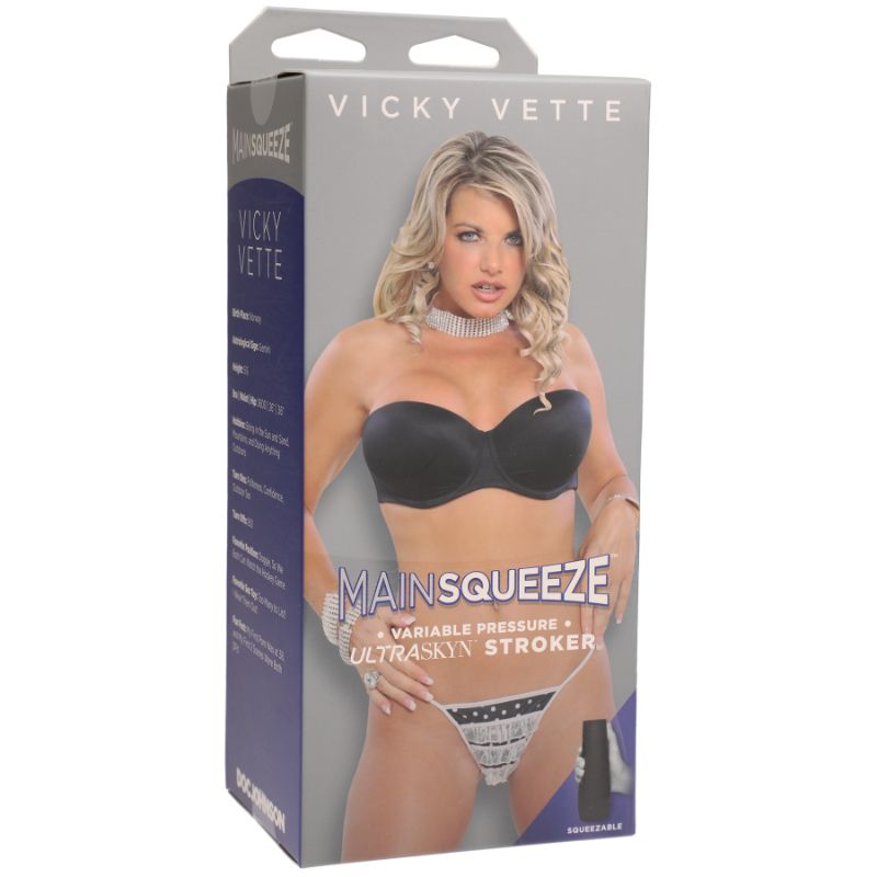 Vicky Vette masturbation toy in packaging featuring the Main Squeeze brand, showcasing adjustable pressure stroker.