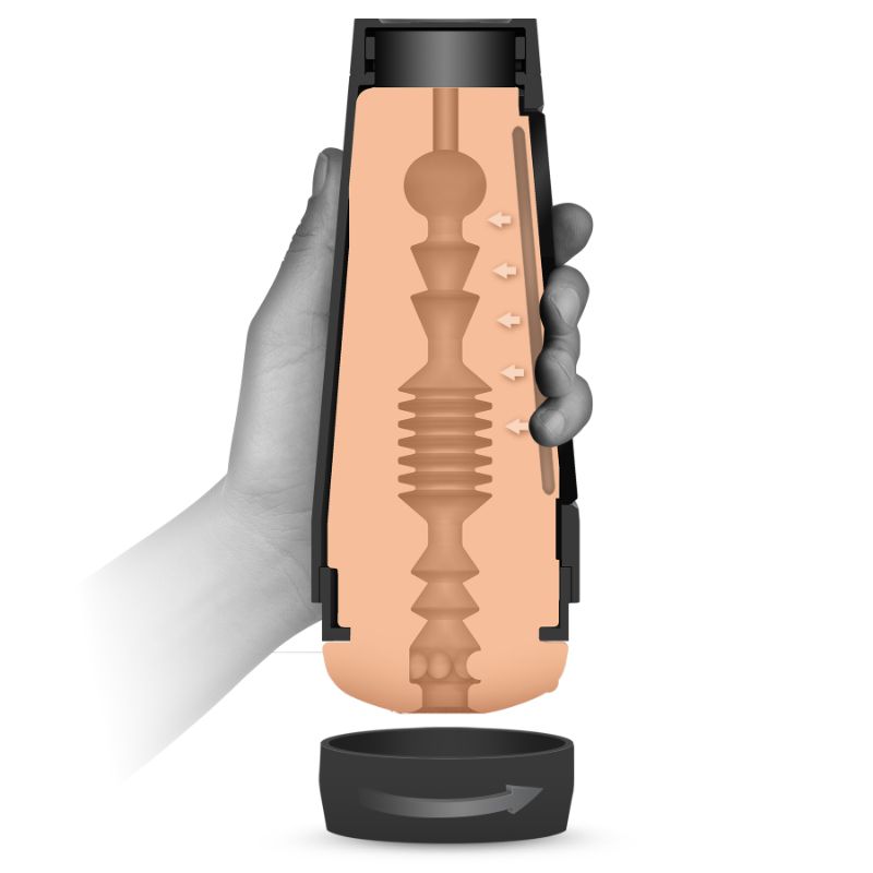 Cutaway view of Vicky Vette masturbation toy showing internal texture and squeezable grip for adjustable pleasure.
