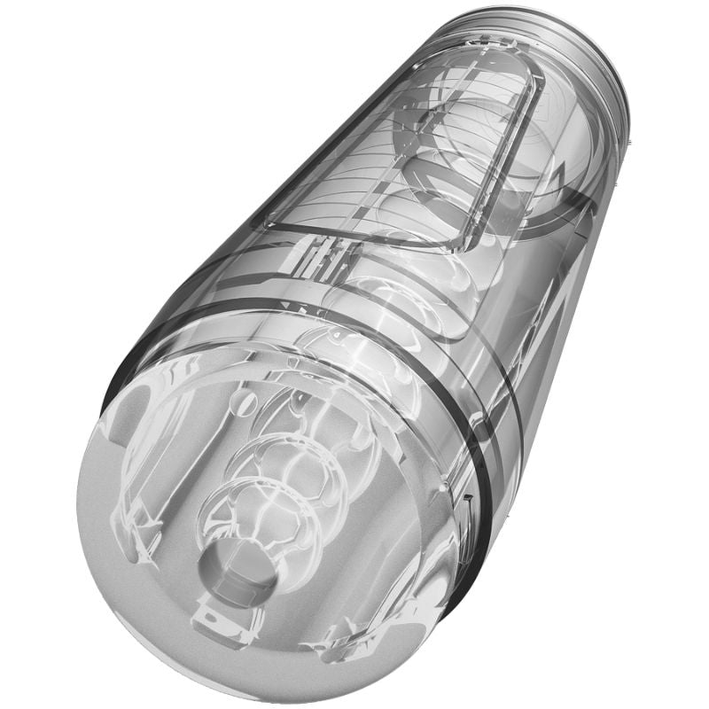 transparent male masturbator showcasing an innovative clear design and textured tunnel for enhanced pleasure.