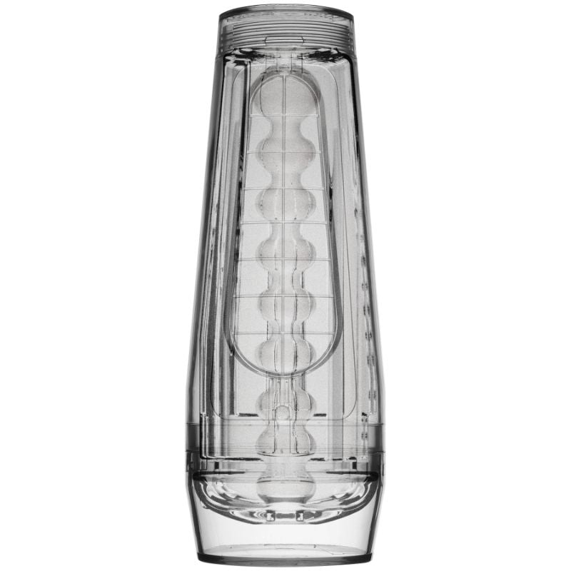 Optix Crystal Masturbator Clear, a transparent male masturbator with a unique clear design and textured inner tunnel.