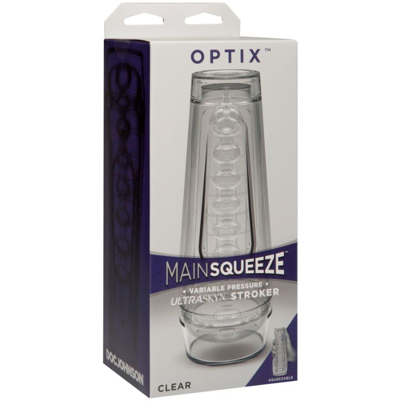 Optix Crystal Masturbator, a transparent male masturbator designed with adjustable pleasure features and a clear case.
