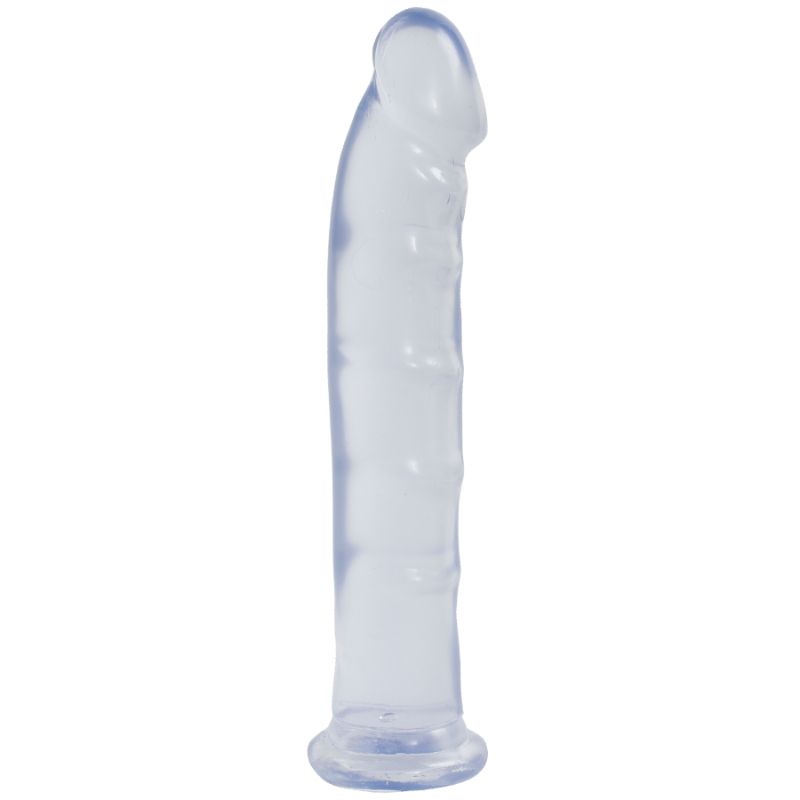 Clear suction cup dildo with realistic design and ridged shaft for enhanced pleasure.