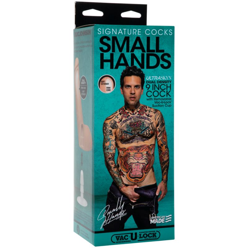 Small Hands Vac-U-Lock cock packaging showcasing tattooed actor and product features.