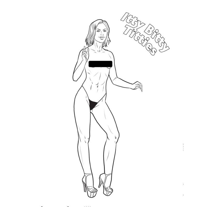 Boobs Boobs Boobs Colouring Book illustration of a woman in a playful pose for an adult coloring activity