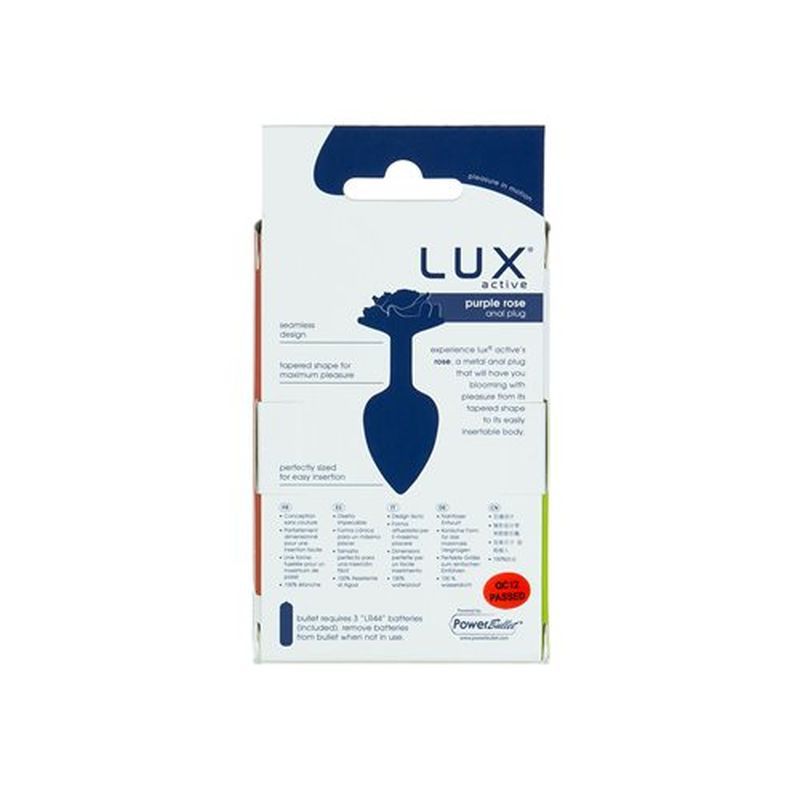 Packaging of Lux Actives Purple Rose 3in Metal Butt Plug, featuring smooth design and tapered shape for pleasure.