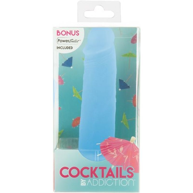 Cocktails Dildo Blue Lagoon 5.5in in packaging by Addiction with tropical design.