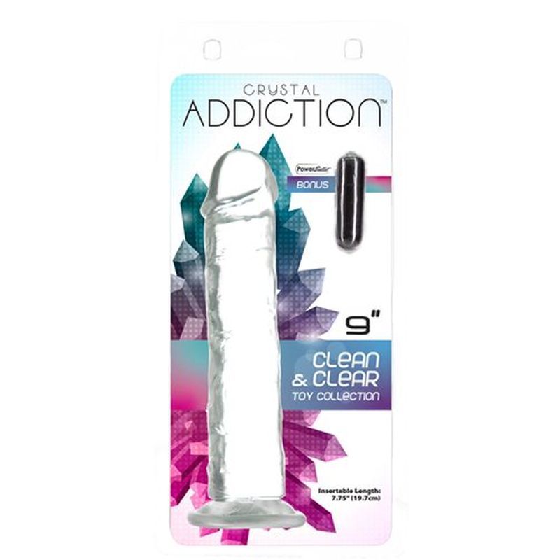 9 inch clear crystal dildo in packaging, featuring clean and clear design with strong suction base.