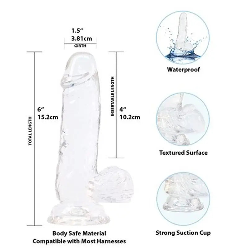 Crystal Dildo w Balls 6in Clear Addiction Discreet Intimate Essentials.