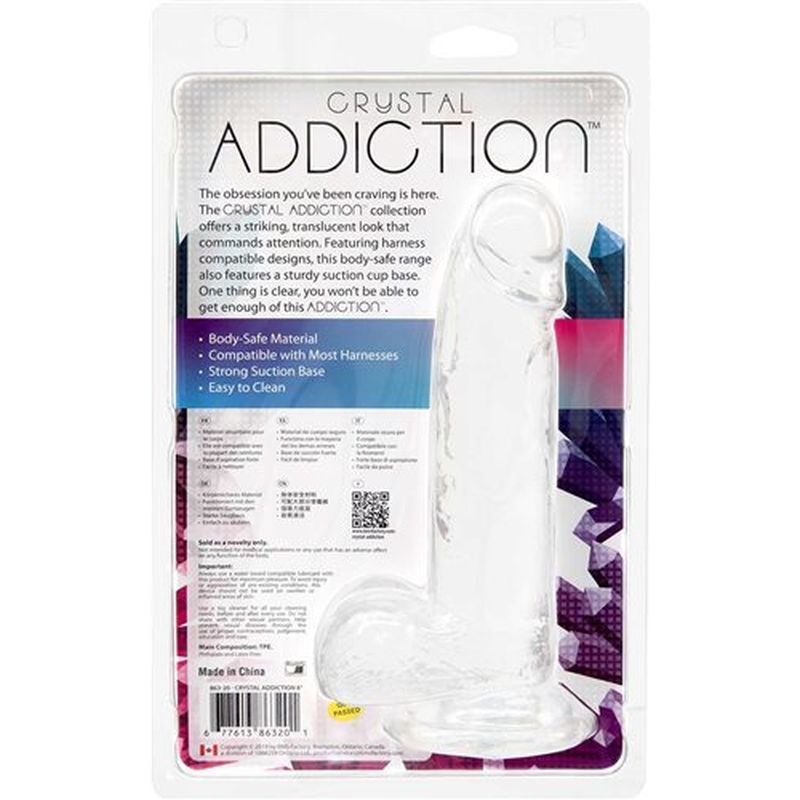 8 inch crystal dildo from the Crystal Addiction collection with suction cup base and realistic shape.