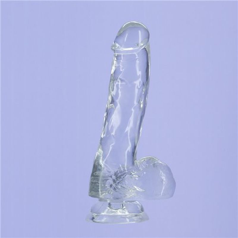 8 inch crystal dildo with balls in clear, featuring a sturdy suction cup base and realistic shape.