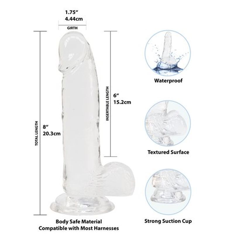 Crystal Dildo w Balls 8in Clear with strong suction cup and textured surface, waterproof, compatible with most harnesses.