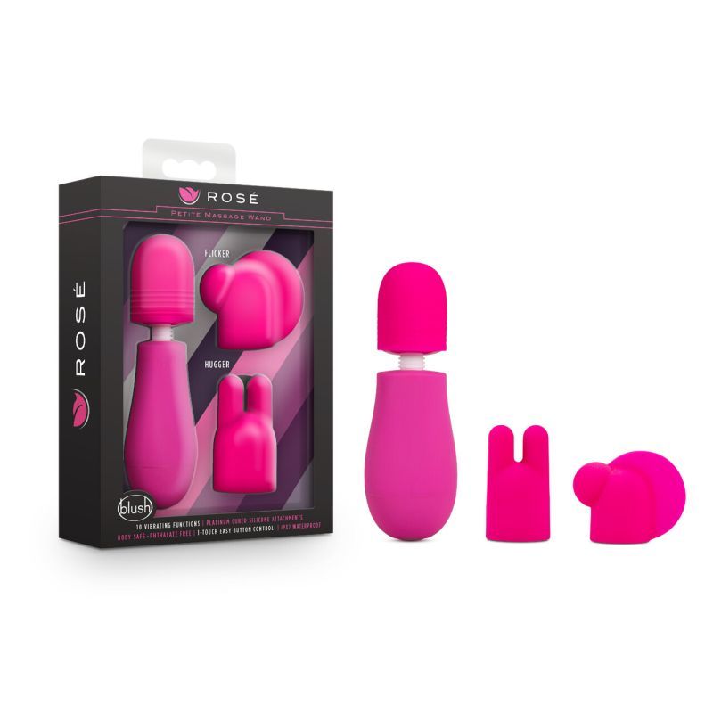 Rose Petite Massage Wand kit featuring a mini massage wand and two stimulation heads in pink color.