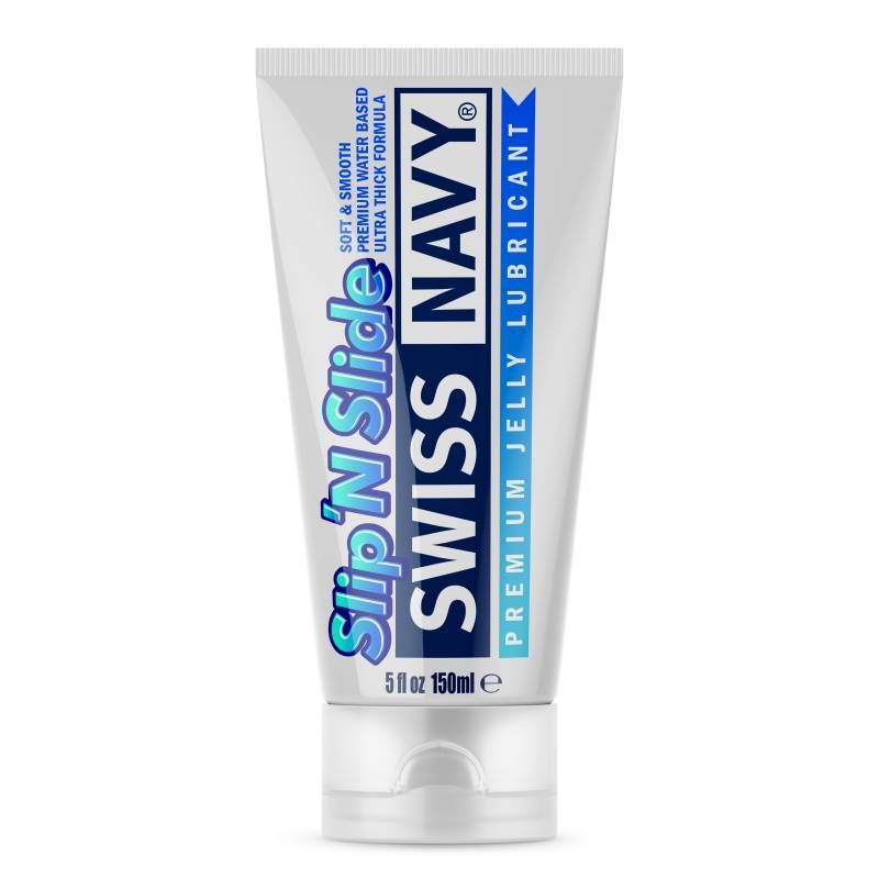Swiss Navy Slip N Slide Premium Jelly Lubricant 5oz tube with soft, smooth formula for intimacy.