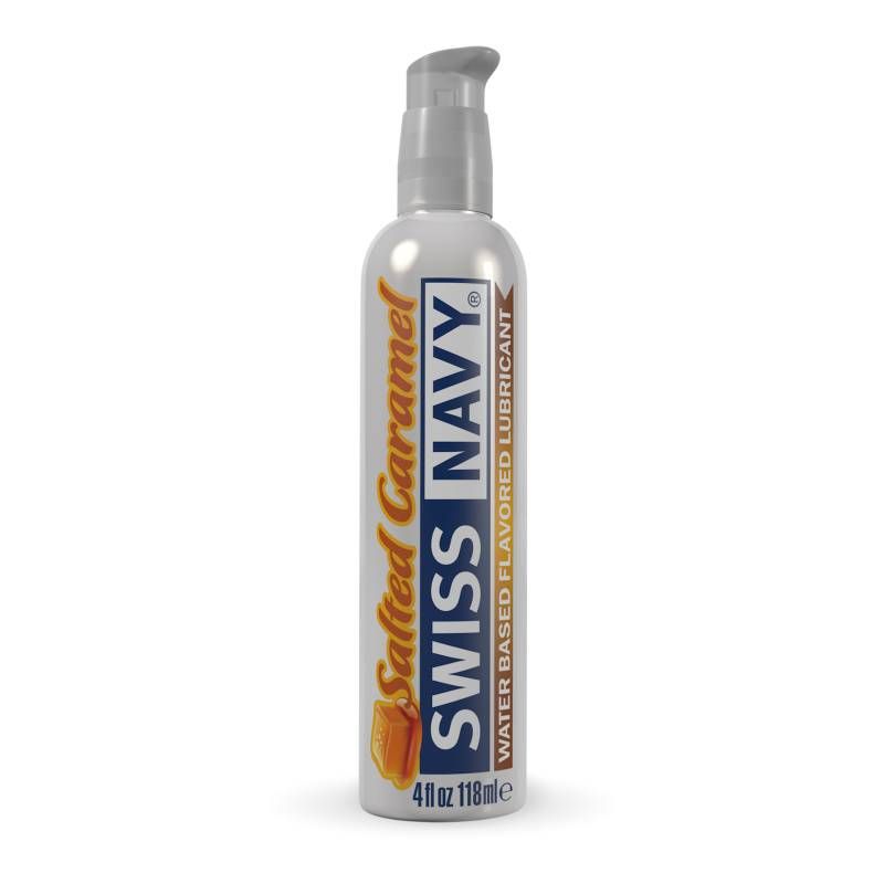 Swiss Navy Salted Caramel Lubricant 4oz/118ml bottle, water-based flavored lubricant for intimate essentials.
