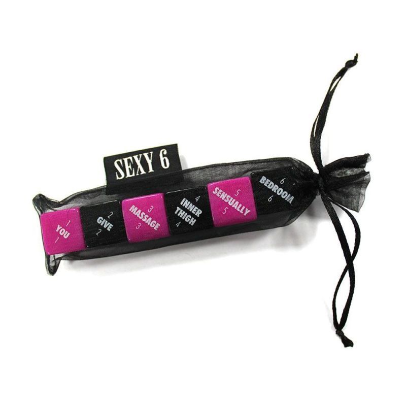 Sexy 6 foreplay dice game with colorful dice creating various intimate scenarios for couples.