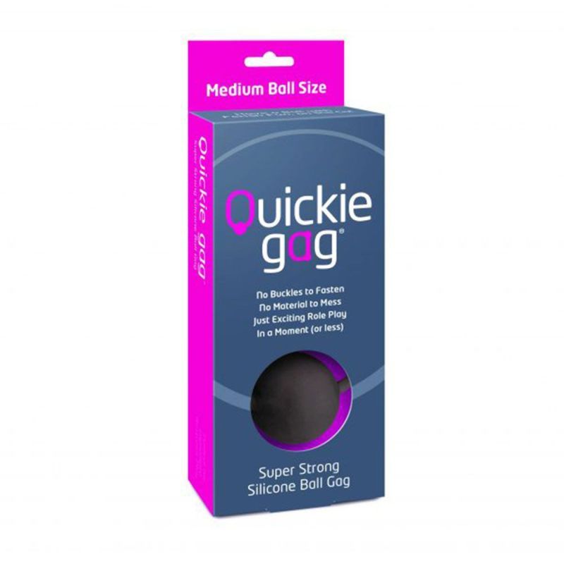 Quickie Gag Medium Ball Black packaging showcasing the silicone ball gag, ideal for intimate essentials for her and role play.