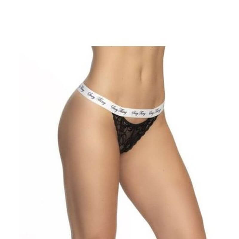 Lace Keyhole V Back Pantie Black featuring printed elastic waistband and open back design.