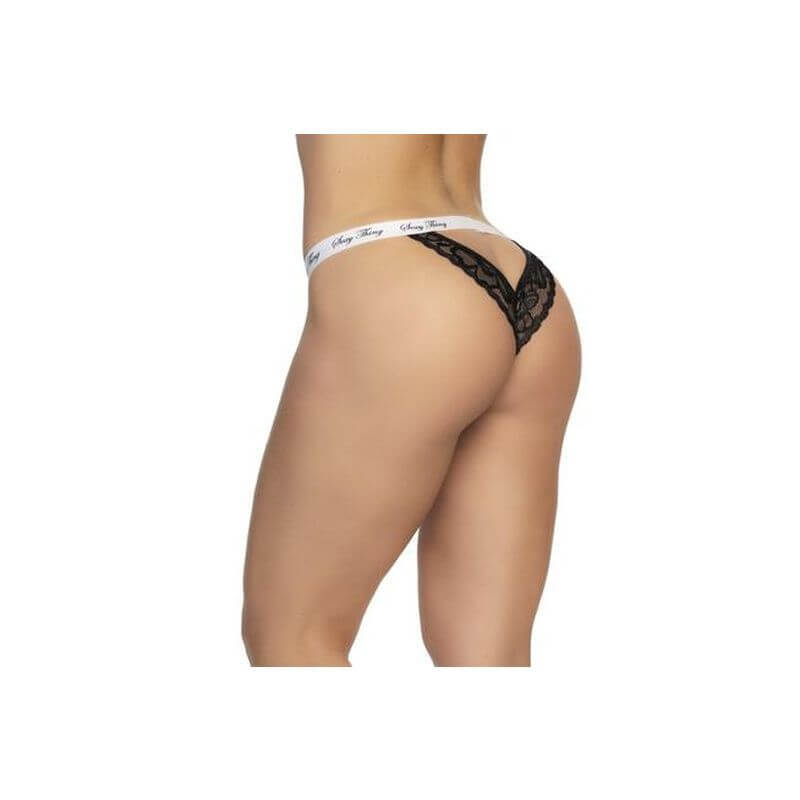 Lace Keyhole V Back Pantie Black featuring a sexy open back design and printed elastic waist.