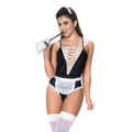 Sexy maid costume set featuring bodysuit with lace accents, lace apron, and headband for playful outfits.