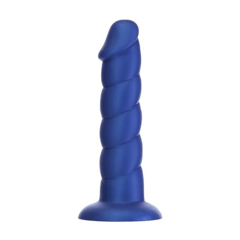 blue unicorn dildo featuring a unique ribbed texture and prominent head for enhanced pleasure.