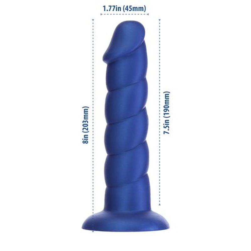 Blue unicorn dildo, 8 inches tall, ribbed texture, designed for intense pleasure and fantasy experiences.