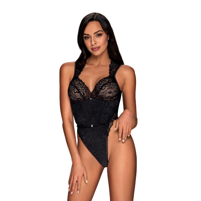 Model wearing a sexy floral lace teddy in classic black, showcasing floral lace details and elegant design.