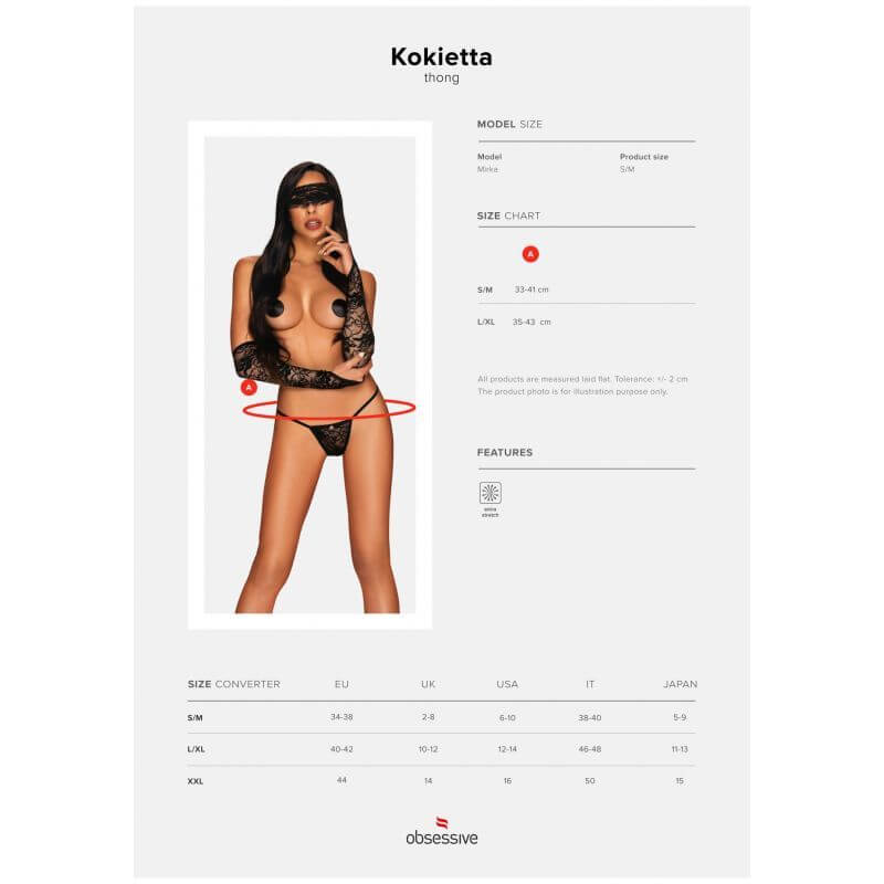 Model wearing the Kokietta Thong, showcasing its translucent black design and floral pattern for intimate essentials.